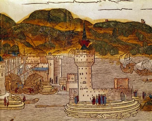 Widok portu Candie (dzisiejszy Heraklion) na Krecie Strona z Księgi podróży „”Peregrinatio in Terram Sanctam””” po pielgrzymce do Ziemi Świętej Bernarda de Breydenbach (Breidenbach) (1454-1497) ryciny autorstwa Erhard Re
