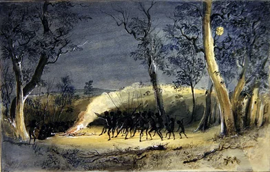 A Native Corroboree at Night (ołówek, akwarela i guma arabska na papierze)