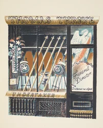 Zakład pogrzebowy, ilustracja z „High Street” J.M. Richardsa, wydrukowana przez Curwen Press, wyd. przez Życie na wsi, 1938