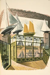Model Ships and Trains, ilustracja z "High Street" autorstwa J.M. Richardsa, wydrukowana przez Curwen Press, opublikowana przez Country Life, 1938.