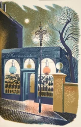 Apteka, ilustracja z "High Street" autorstwa J.M. Richardsa, wydrukowana przez Curwen Press, opublikowana przez Country Life, 1938.