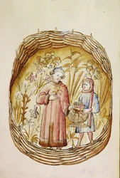 Aptekarz i jego pomocnik zbierają zioła i korzenie w ogrodzie ziołowym, ok. 1380-1400 r.