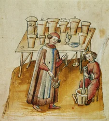 Aptekarz i jego pomocnik rozbijający zioła i korzenie do celów medycznych, ok. 1380-1400 r.