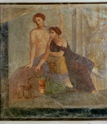 Fragment malowidła ściennego z Pompejów: mistyczna scena ...