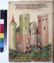 Cała strona: zamek i instrukcja korzystania z drabiny z kołowymi stopniami, ok. 1430 r. (rysunek kolorowym długopisem)