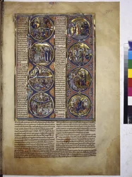 Cała strona: osiem medalionów zawierających miniatury wraz z tekstem objaśniającym, ok. 1225-1250 (tempera na pergaminie)