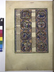 Cała strona: osiem medalionów z miniaturami i tekstem objaśniającym, ok. 1225-1250 (tempera na pergaminie)