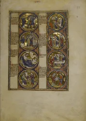 Cała strona: osiem medalionów z miniaturami i tekstem, ok. 1225-1250 (malarstwo temperowe)