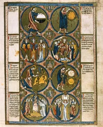 Cała strona: osiem medalionów z towarzyszącym tekstem: Stworzenie świata, ok. 1225-1250 (obraz temperowy)