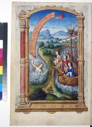 Cała strona: miniatura zamknięta w ramie architektonicznej: dwa statki z Małgorzatą Austriacką i innymi postaciami w rozległym krajobrazie, ok. 1504 r. (malarstwo temperowe)