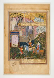 Khosrau I i jego wezyr przed ruinami: strona manuskryptu The Storehouse of Mysteries - pierwszego z pięciu poematów Nezami