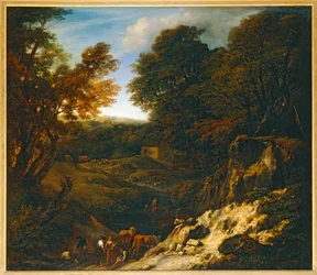 Krajobraz z pasterzem i stadami nad stawem - Paysage avec bergers et troupeaux au bord d