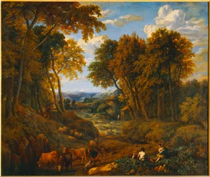 Paysage avec bergers et troupeaux dans un chemin forestier - Krajobraz z pasterzem i stadami na ścieżce w ...