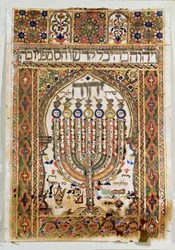 Shiviti, dekoracyjna tablica umieszczona na wschodniej ścianie synagogi, wskazująca kierunek modlitwy w stronę Jerozolimy (akwarela, złoty liść i złoty proszek)
