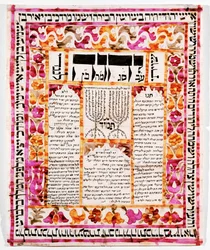 Shiviti, dekoracyjna tablica zwykle umieszczana we wschodniej ścianie synagogi, podobnie jak mizrach (tusz i akwarela na papierze)