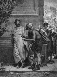 Ostracyzm w starożytnej Grecji: „Aristide i chłop””. Chłop niepiśmienny, który nie rozpoznaje ateńskiego męża stanu Arystydesa Sprawiedliwego, uderza ostracyzmem, prosi go, aby na cholewce wypisał swoje imię. Grawerowanie według obrazu Eugene Erne