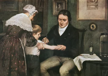 Dr Edward Jenner (1749-1823) wykonujący swoje pierwsze szczepienie przeciwko ospie na Jamesie Phippsie, ośmioletnim chłopcu, 14 maja