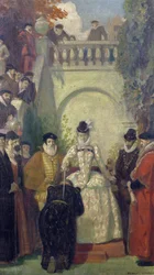 Królowa Elżbieta I pasująca na rycerza Sir Johna Younga na schodach jego posiadłości, The Great House, Bristol, 1910-20