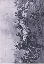 Zdobycie francuskiej baterii przez 52 Pułk Piechoty Lekkiej Oxfordshire pod Waterloo 18 czerwca 1815 , ilustracja z brytyjskich bitew lądowych i morskich , 1915