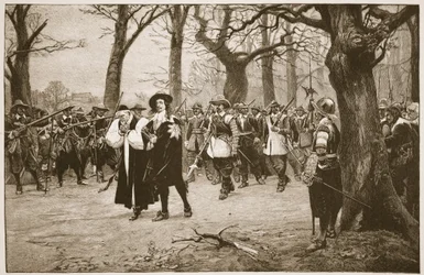 Karol I w drodze na egzekucję, ilustracja z „Kościoła anglikańskiego: historia dla ludu” autorstwa H.D.M. Spence-Jones, wyd. ok. 1910 (zdjęcie w sepii)