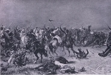 Szarża Kings Own Light Dragons w Mudkach, ilustracja z brytyjskich bitew na lądzie i morzu, 1915
