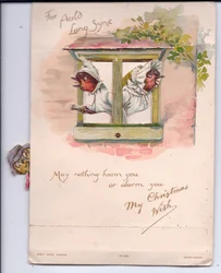 Wiktoriańska kartka świąteczna przedstawiająca dwóch złodziei w nocnych ubraniach wyglądających przez okno na alarm, ok. 1880 r.