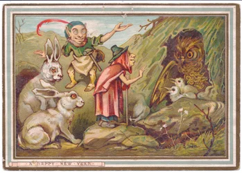 Wiktoriańska kartka noworoczna przedstawiająca starą kobietę witającą sowę, na którą patrzy krasnolud i dwa króliki, ok. 1880 r.