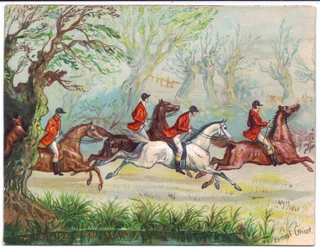 Wiktoriańska kartka z życzeniami przedstawiająca łowców lisów biegnących obok, gdy lis ukrywa się na drzewie, ok. 1880 r