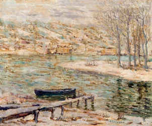 Scena rzeczna – łódź i drzewa