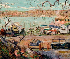 Scena rzeczna – łodzie i domy