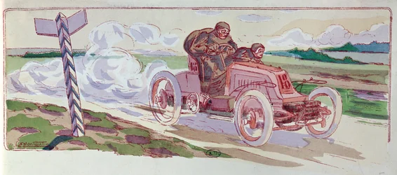 Henri Fournier w swoim Morsie startujący w rajdzie Paryż-Berlin w 1901 r., ok. 1910 r.