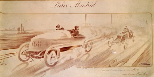 Wyścigi samochodowe: „Paris Madrid”: zwycięzca Gabriela na Morsie wyposażonym w opony Michelin „” Ilustracja 1903