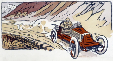 Samochód Renault w Paryżu-Wiedniu 1902 Rysunek Ernesta Montauta (1878-1909).