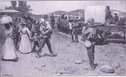 Brytyjscy żołnierze asystujący uchodźcom burskim, ilustracja z filmu After Pretoria: The Guerilla War, 1902