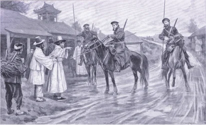 Kozacy zbierają informacje od koreańskiego jeńca, ilustracja z Cassells History of the rosyjsko-japońskiej wojny t. 1, ok. 1900