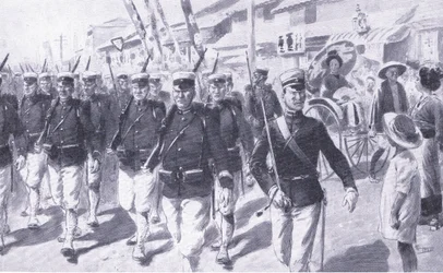 Japoński marsz przez Tokio, ilustracja z Historii wojny rosyjsko-japońskiej w Cassells, t. 1, ok. 1900