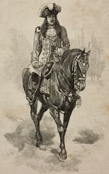 Hrabia Turynu Vittorio Emanuele Sabaudii w stroju Vittorio Amedeo II Sabaudzkiego na turnieju w Villa Borghese z okazji srebrnego ślubu Umberto I i Małgorzaty Sabaudzkiej, Rzym, Włochy