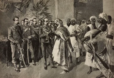 Generał Tancredi Saletta ofiarowujący miecz Kantibai, wodzowi Abab, Massawa, wojna erytrejska, rycina Ernesto Mancastroppy z rysunku G Amato, z L