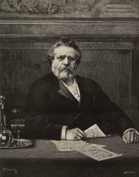 Giosue Carducci (1835-1907), włoski poeta i pisarz, laureat Nagrody Nobla w 1906, rycina Ernesto Mancastroppa z obrazu Vittorio Corcos, z L