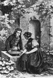 Hermann ja Dorothy suihkulähteellä, kuvitus Hermannille ja Dorothealle, Johann Wolfgang von Goethen (1749-1832) idylli, Ernst Boschin (1834-1917) piirtämän kaiverrus.