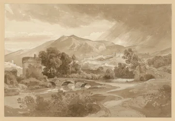 Widok na Tivoli, na pierwszym planie Anio, Ponte Lucano i grobowiec Plautiuszy