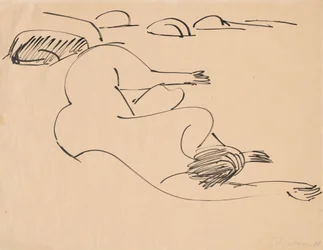 Erna leżąca na plaży wśród skał, 1912.