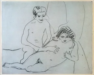 Para - Naga para leżąca na łóżku - Rysunek Ernsta Ludwiga Kirchnera (1880-1938), Nowy Jork, Museum of Modern Art