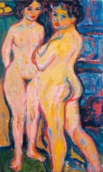 "Akt stojący przy piecu" (Akt stojący przy piecu) Obraz Ernsta Ludwiga Kirchnera (1880-1938) - 1908 - Olej na płótnie Ciemny 150x95 cm Drezno Państwowe Kolekcje Sztuki Drezno
