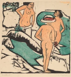 Kobiety kąpiące się między białymi kamieniami, 1912 (kolorowy drzeworyt wydrukowany w kolorze czarnym, zielonym, pomarańczowym i czerwonym)