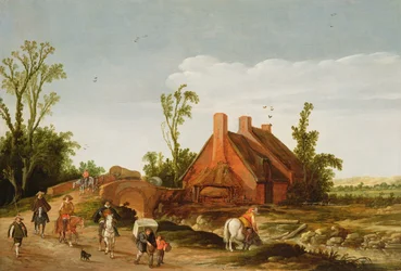 Zalesiony krajobraz z podróżnikami na torze, 1624