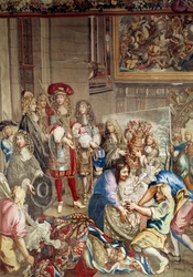 Wizyta Ludwika XIV w Manufacture des Gobelins w obecności Jeana Baptiste (Jean-Baptiste) Colbert (1619-1683) (z profilu, po prawej stronie króla) i malarza Charlesa Lebruna (Le Brun) (1619-1690) ), 15 października