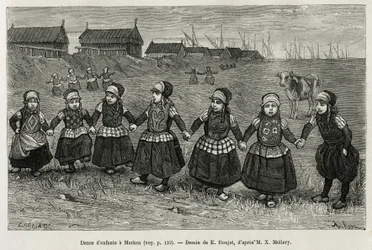 Tańce dziecięce w Marken (Holandia), rycina według rysunku E.Ronjata, ilustrująca historię Neerlande, autorstwa Charlesa de Coster, w 1878 r., opublikowana w tour du monde, pod kierunkiem Edouarda Chartona