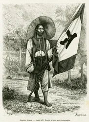 Chińska reguła. Grawer E.Ronjata, po fotografii, aby zilustrować historię Trente mois au Tonkin w 1884 r., autorstwa doktora Hocquarda, in le tour du monde 1889, w reżyserii Edouarda Chartona (1807-1890), Hachette, Paryż.