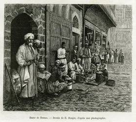 Bazar w Damaszku. Grawerowanie E.Ronjata, aby zilustrować historię La Syria d